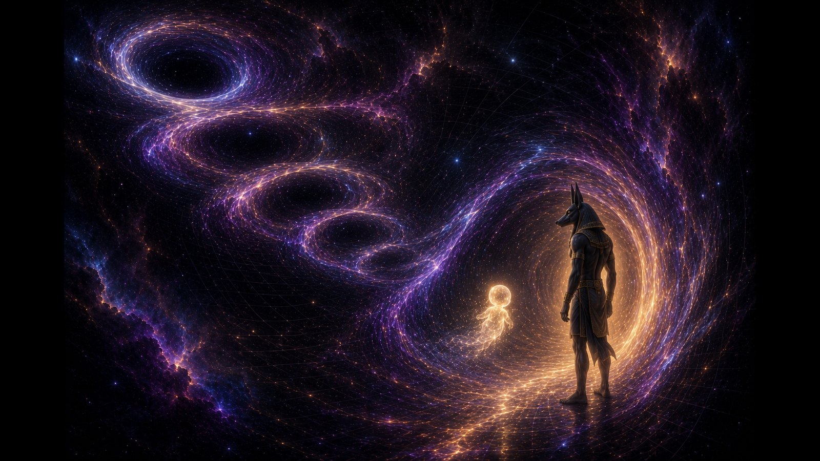 Anubis, a tall jackal-headed figure in Egyptian dress, standing before a glowing wormhole of purple and gold light, with a small luminous child-like orb of light drifting toward him