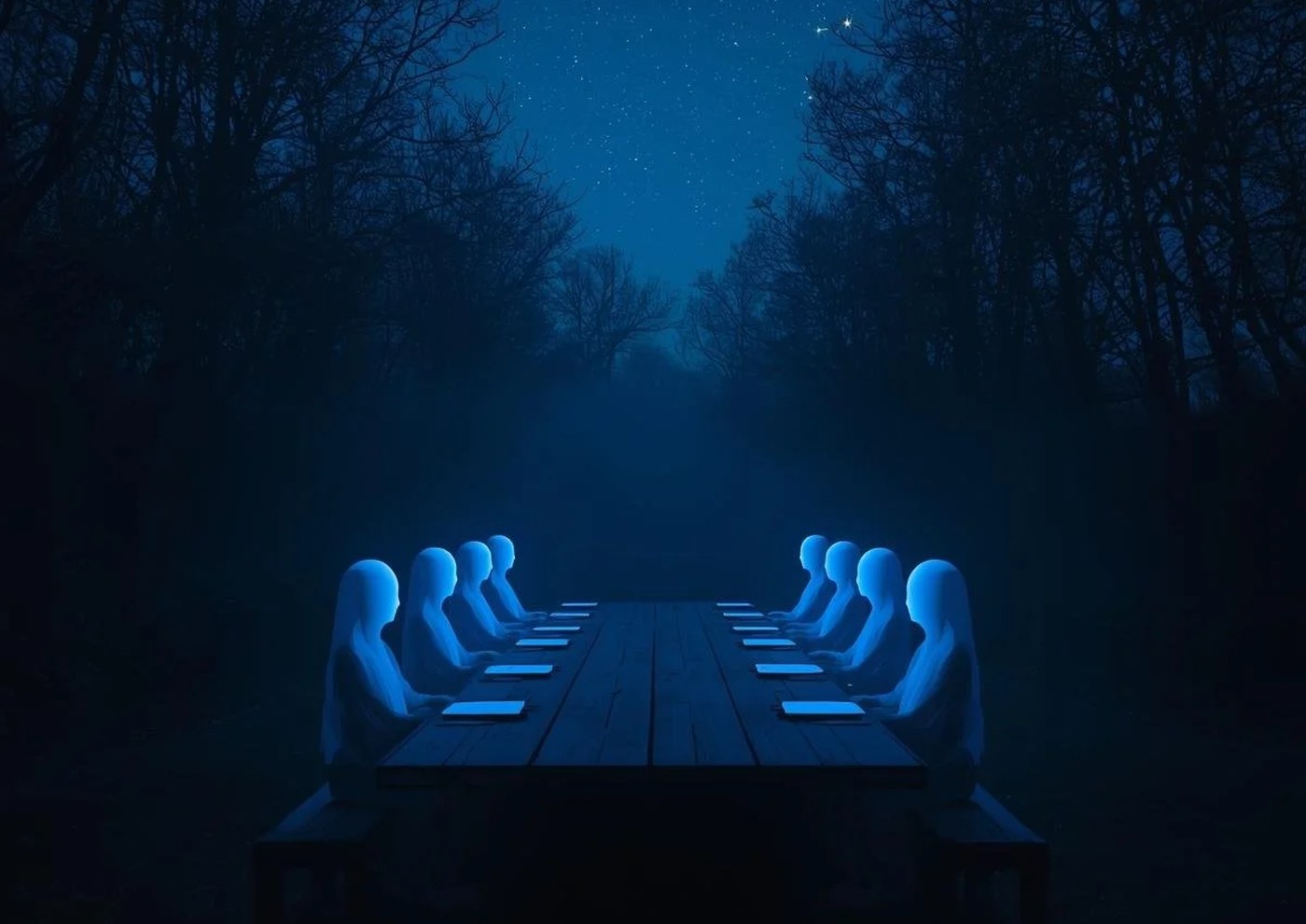Eight glowing, non-human beings seated around a long wooden table in a dark nighttime garden beneath a starry sky