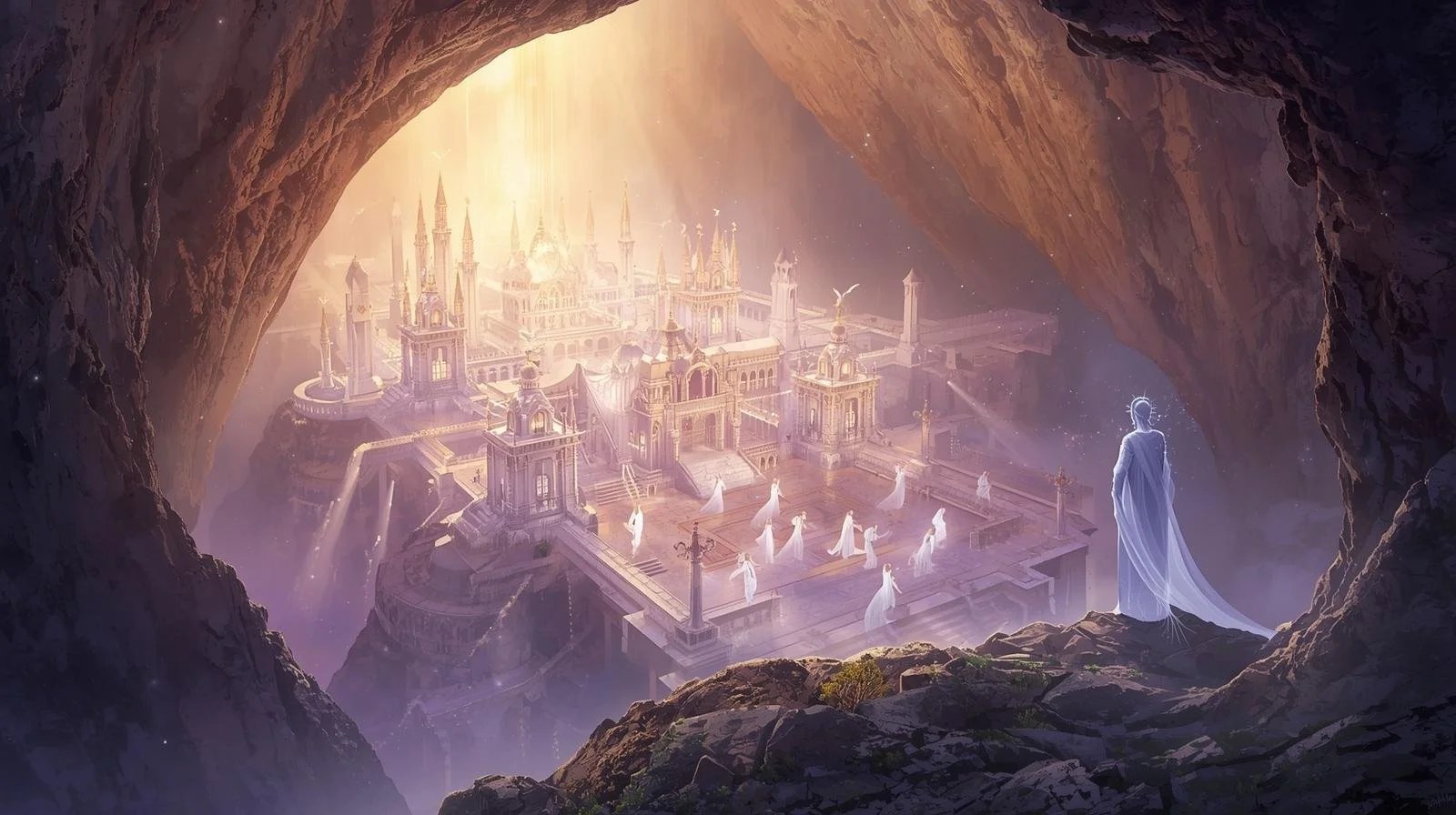 A radiant city of light hidden within a vast cave, with luminous beings gathered in the main square, viewed from a cavern archway