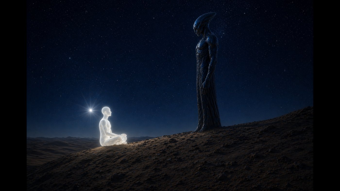 A luminous figure meditating on a desert dune in the Western Sahara, facing a tall guardian being beneath a star-filled sky